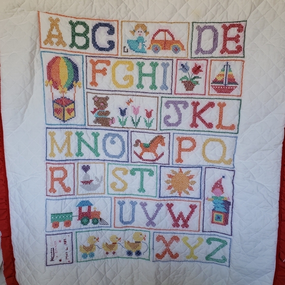 Vintage Cross Stitch Quilt. Baby Blanket. Alphabet - Picture 3 of 17